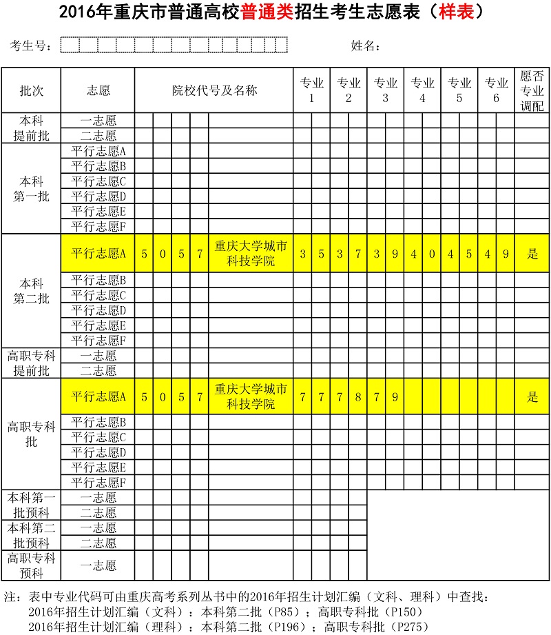 2016年重庆市普通高校招生考生志愿表（样表）2016_6_25普通类