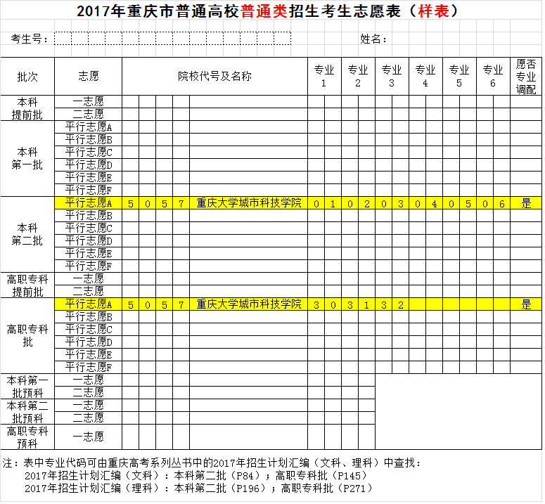 2017年重庆市普通高校普通类招生考生志愿表（样表）