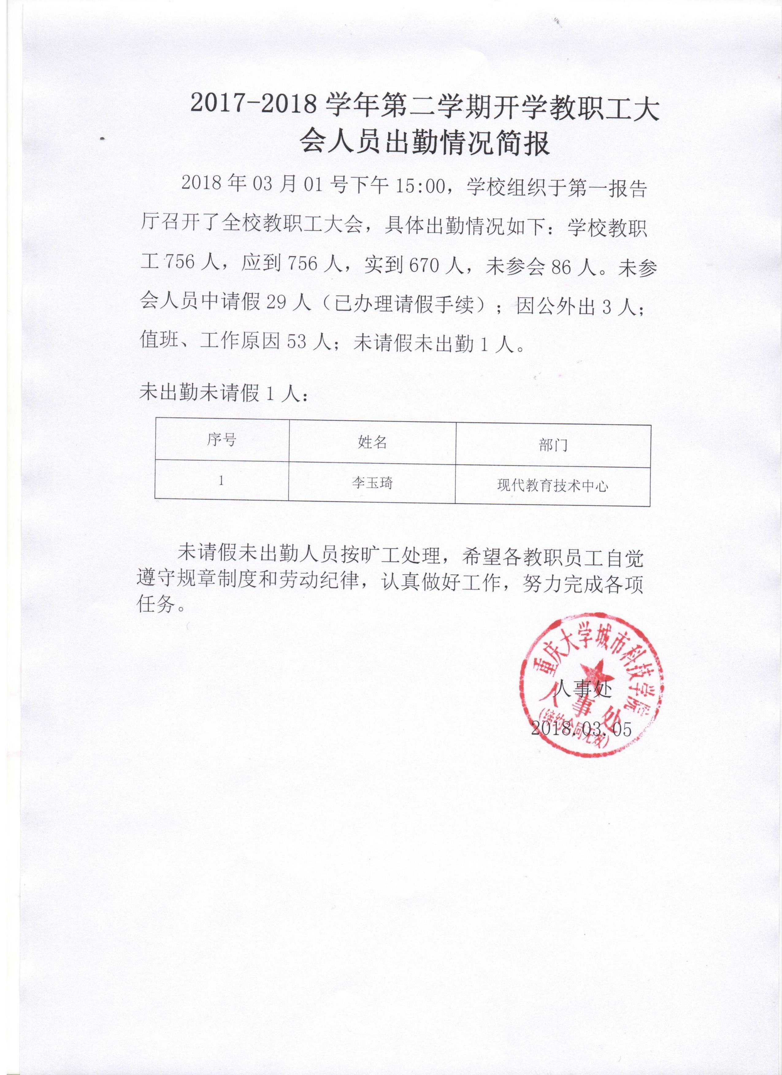 2017-2018学年第二学期开学教职工大会人员出勤情况简报