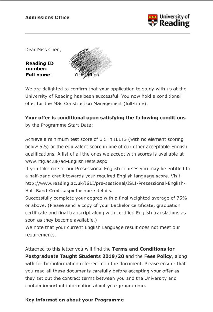 雷丁大学construction management msc专业offer