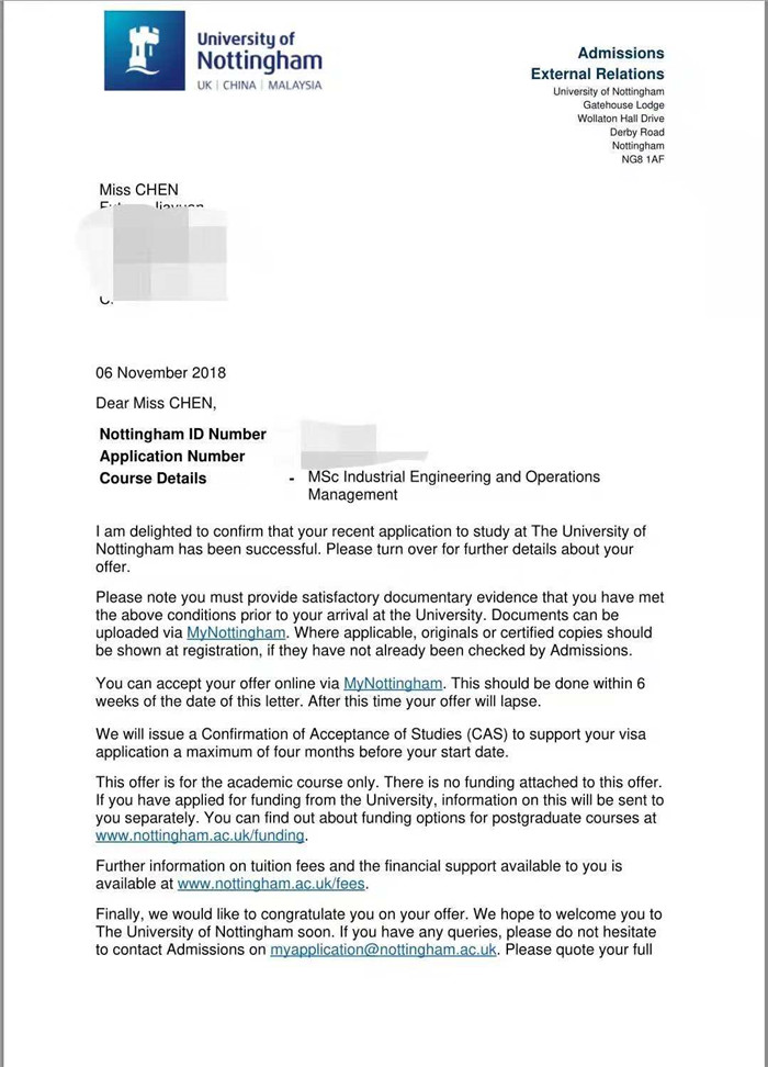 诺丁汉大学industrial engineering and operations management msc专业offer