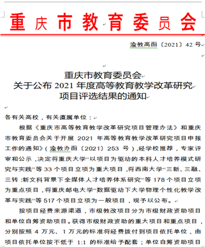 重庆城市科技学院14个项目获批2021年度重庆市高等教育教学改革研究项目