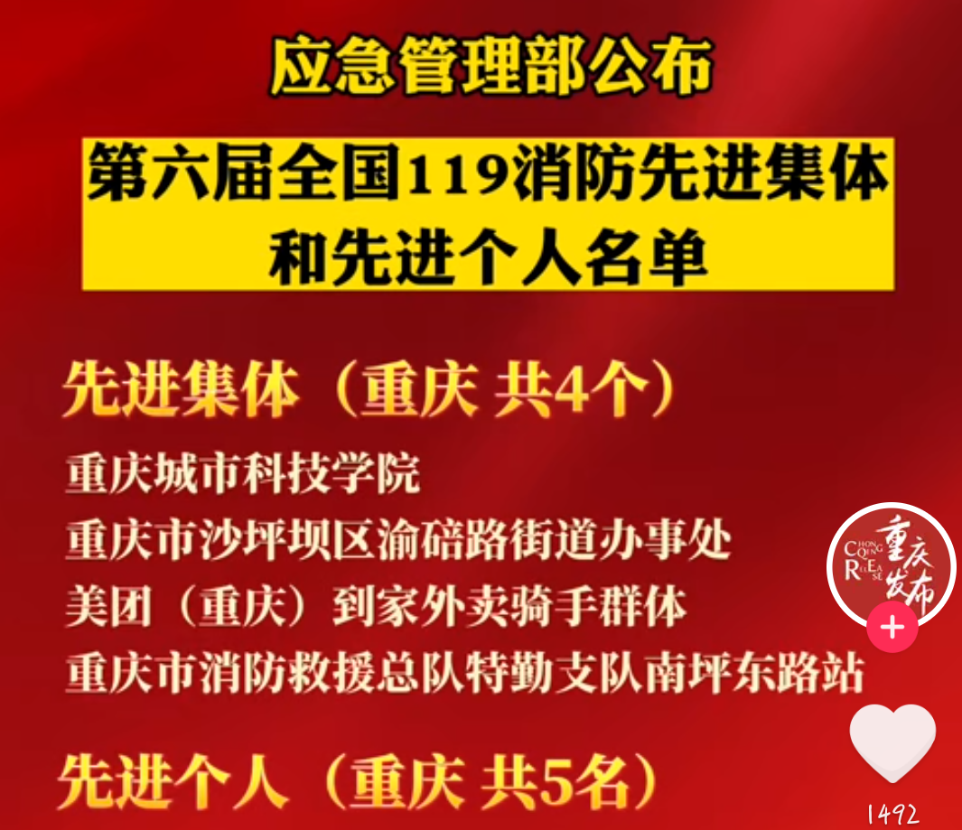 【重庆发布】应急管理部公布第六届全国119消防先进集体和急管理先进个人的表彰名单，重庆城科等集体和个人上榜!